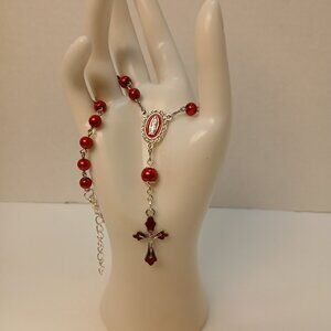 Red Pearl and Enamel - Rosary for Rearview Mirror - Mini Rosary